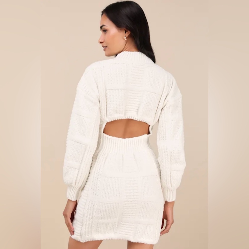Lulus Patchwork it Cream Cable Knit Cutout Sweater mini Dress size small - Picture 3 of 13